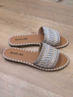 Madeline White Woven Slide Sandals with Rhinestone Accent